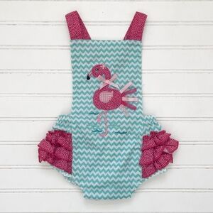 EUC/LN Whimsical Flamingo Appliqué Ruffle Crossback Sunsuit